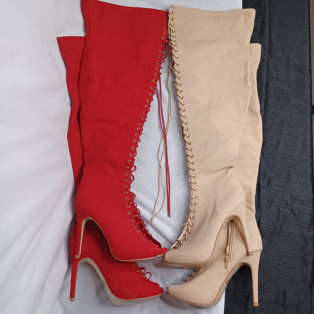 Glaze Over the Knee Stilettoes Peep Toe Boots, Red, Nude, Women's Size 10